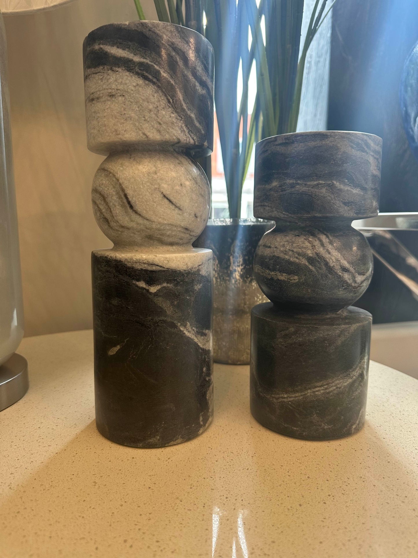 Himalayan Black Stone Candle Sticks - 9 / 12" Set